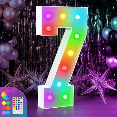 4FT Marquee Light Up Numbers Sign, Colorful Happy Birthday Light Up Number 7, 18 Color Modes with Remote, Cardboard Numbers for Birthday Anniversary Party Decorations, Mosaic Numbers for Balloons
