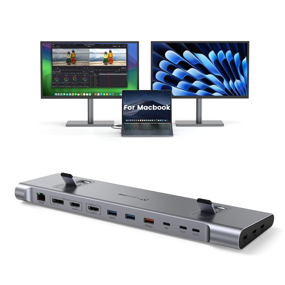 TobenONE MacBook Docking Station Dual 4K@60Hz Monitor, 16-in-2 USB C Docking Station Stand with 2.5Gbps Ethernet,100W GaN Power Supply, 2 HDMI&DP, 5 USB Ports