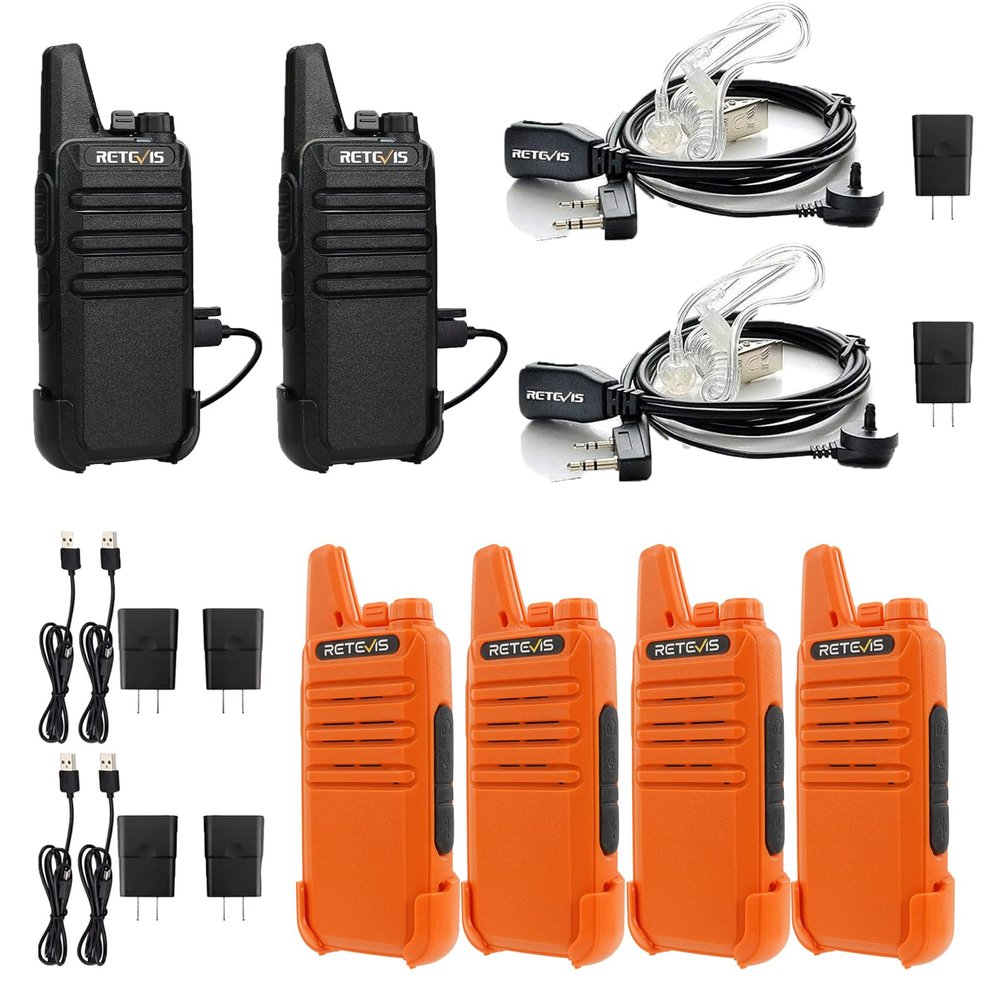 Retevis RT22 Walkie Talkies Two-Way Radios Long Range with Earpiece(2 Pack, Black) Bundle with RT22 Orange Rechargeable Walkie Talkies(4 Pack), Portable Handheld Radio for Outdoor Hiking Travel