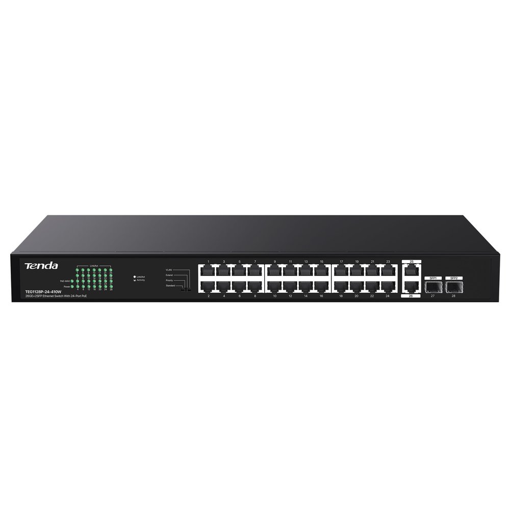 Tenda 28 Port Gigabit PoE Switch, Network Switch with 24 Port PoE+@410W, 2*Gigabit Uplink & 2*SFP, Plug & Play, One-Key VLAN/Priority/Extend Mode, Desktop/Rackmount/Wallmount, Sturdy Metal (TEG1128P)
