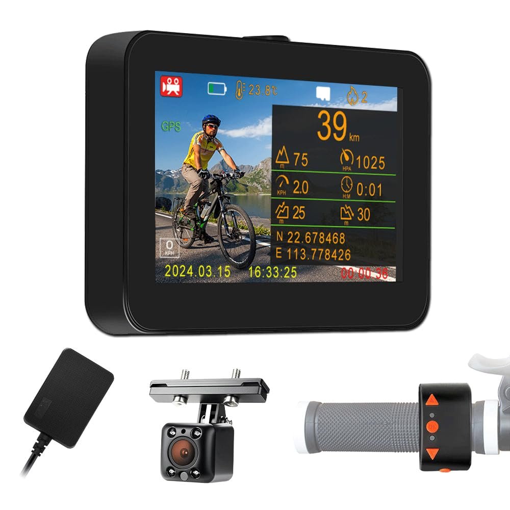 VSYSTO Bicycle Rear View Camera, Waterproof Bike Mirror Camera with 4.3 Inch HD Display Screen, GPS, Wired Controller, Infrared Night Vision Lens, Temperature and Calorie Display, Loop Recording