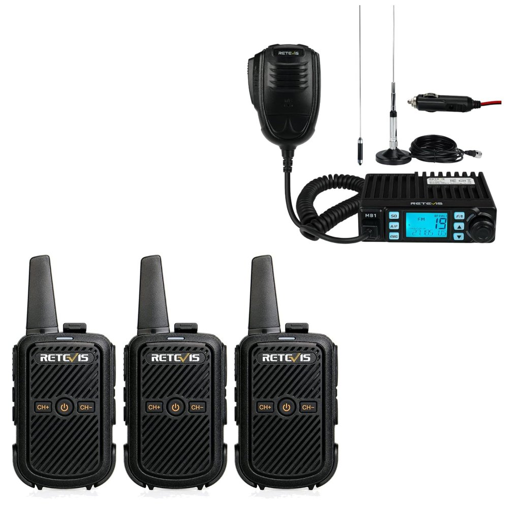 Retevis RT15 Rechargeable Walkie Talkies, Portable 2 Way Radios(3 Pack) Bundle with Retevis MB1 AM/FM CB Radio with Antenna(1 Pack), VOX, Noise Reduction, for Truck Transport Warehouse