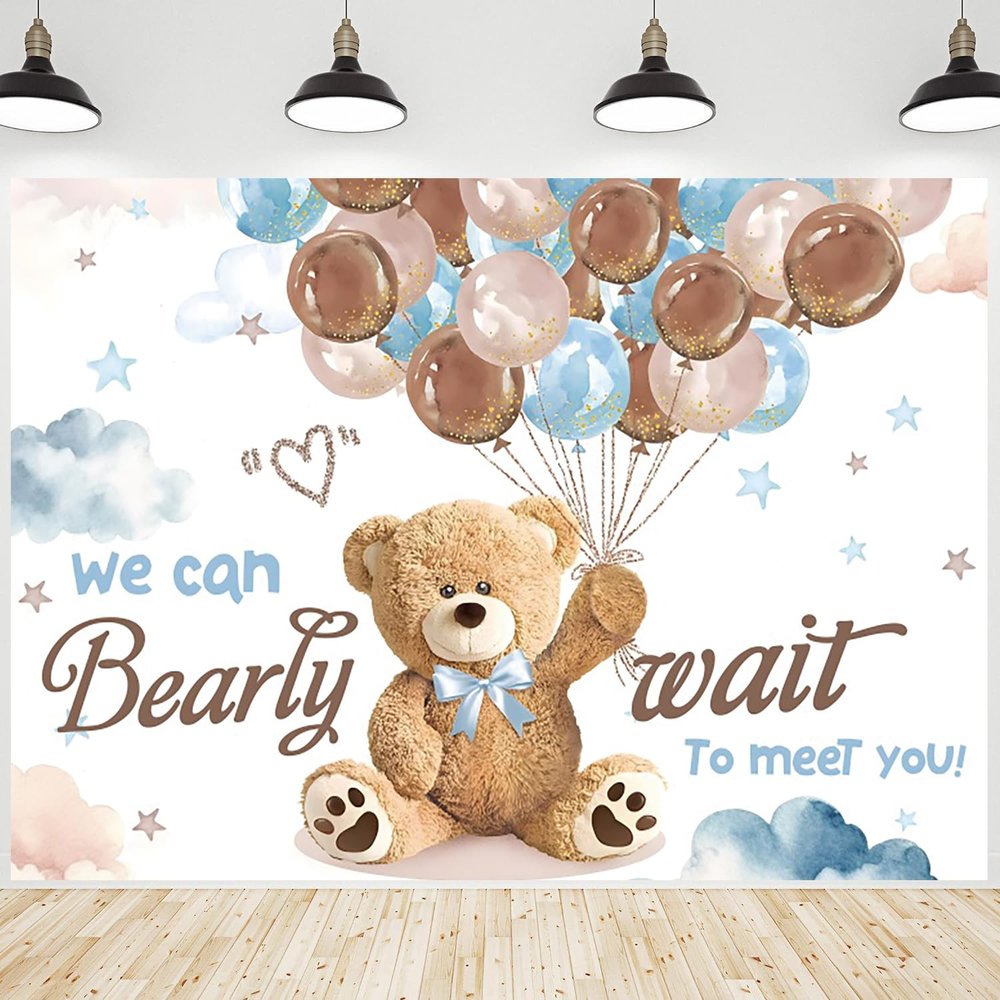 12x8ft Bear Baby Shower Backdrop Cartoon Balloons Pink Blue Clouds Photography Background We Can Bearly Wait to Meet You Banner Decorations Boy Girl Birthday Party Portrait Photo Booth Props