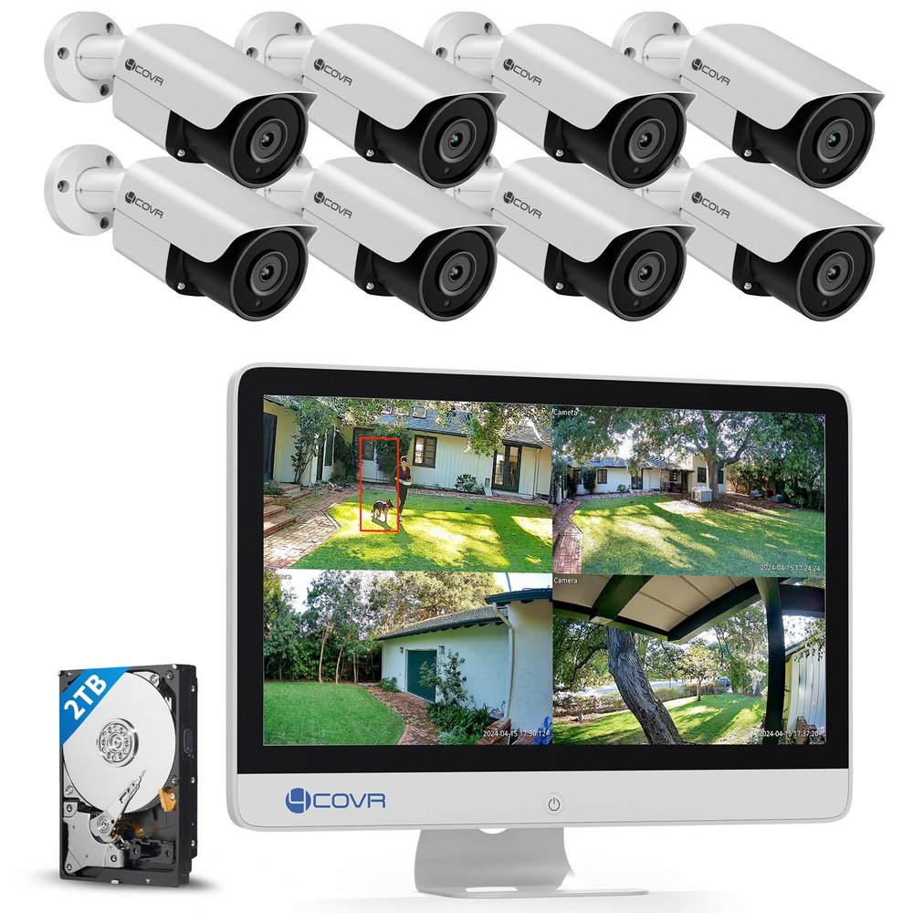 4COVR PoE Security Camera System with Monitor, 8 Channel H.265 NVR with 2TB HDD, AI Human Vehicle Detection, 8Pcs 5MP IP67 PoE IP Bullet Camera Night Vision with Mic, 24/7 Recording, LY37EX5MU808