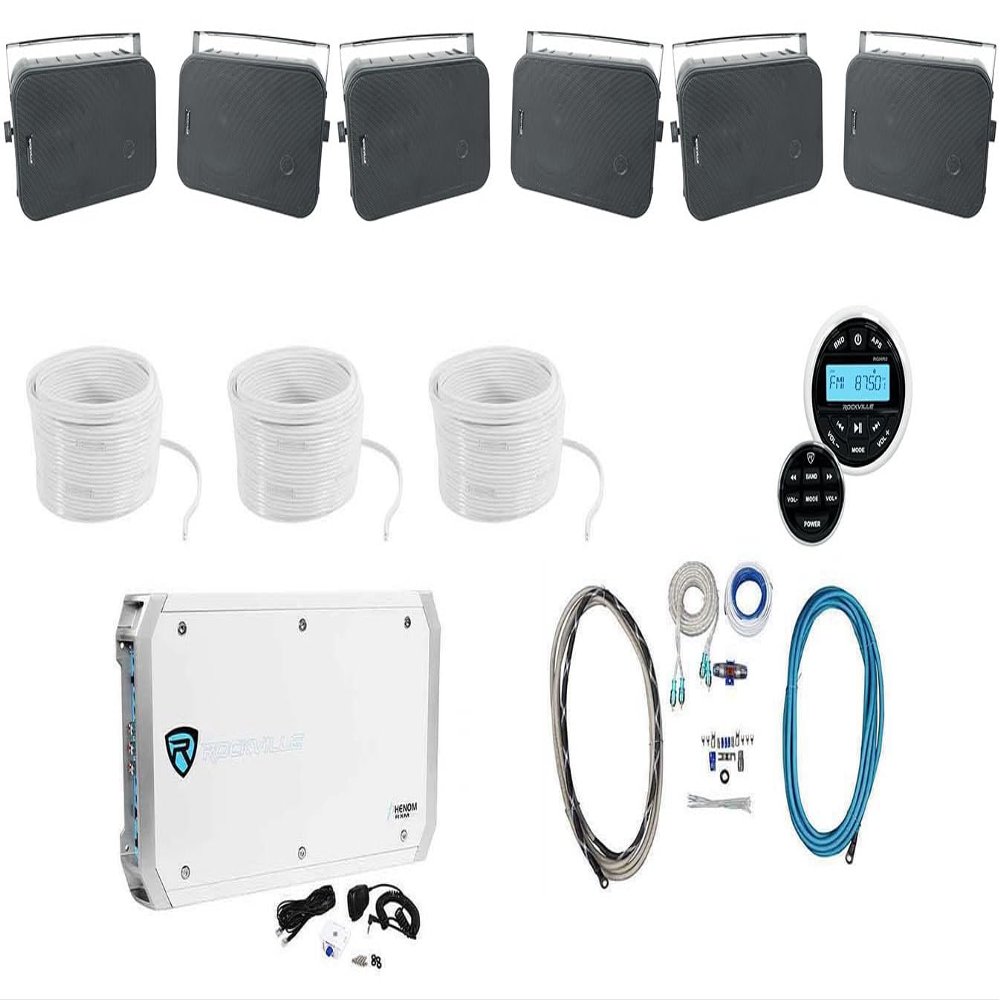 Rockville Bundle: (3) Pair Marine Speakers & (3) Gauge Speaker Wire & (1) Marine Gauge Hole Receiver & (1) Gauge Waterproof Marine Amplifier & (1) Marine 6-Ch Amplifier (9 Items)