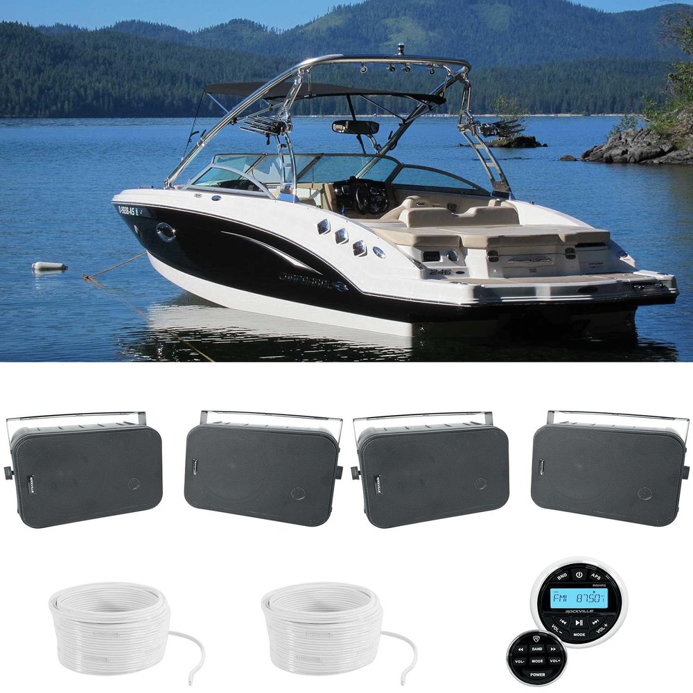 Rockville RGHR2 Bundle: Marine Gauge Receiver w/ Bluetooth, USB, Radio, Wired Remote, (4) HP65S 6.5 in 250W Black Swivel Boat Speakers, (2) 50 Ft 16 Gauge OFC Speaker Wires, 7-items