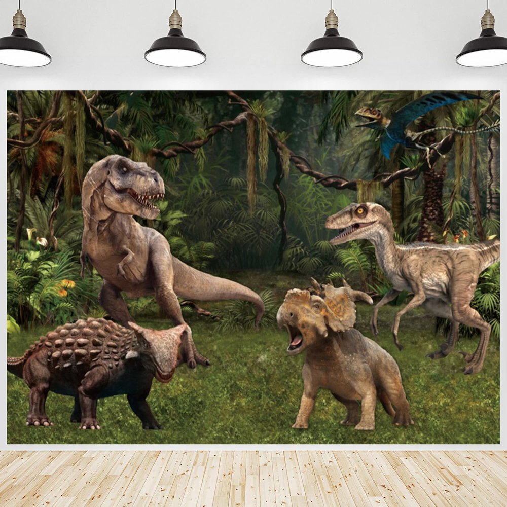 15x10ft Dinosaur Backdrop Tropical Jungles 3D Photography Background Forest Green Plants Banner Decorations Boys Kids Dino Theme Birthday Party Portrait Photo Booth Props
