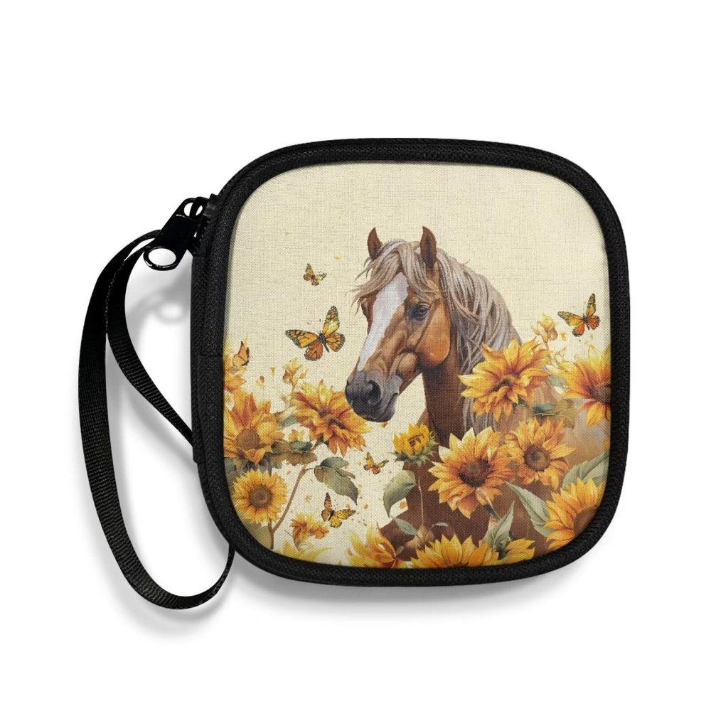 Pzuqiu Sunflower Horse Headphone Case Square Earbud Organizer for USB Cable Storage Portable Bluetooth Headset Case with Handle for Teens and Adults