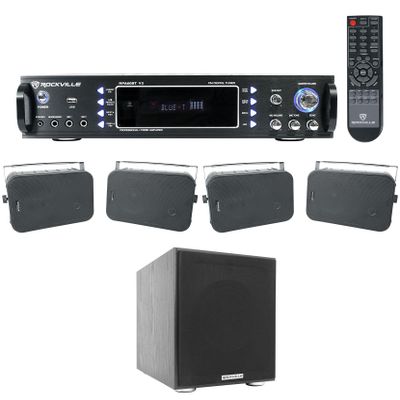 Rockville Bundle: RPA60BT V2 1000W 2-Ch USB Home Theater Bluetooth Receiver Bundle, Rock Shaker Subwoofer Sub & (2) HP65S-8 Black 6.5" Indoor/Outdoor Swivel Home Theater Speakers (4 Items)