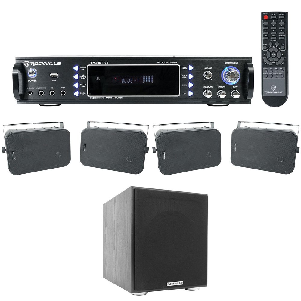 Rockville Bundle: RPA60BT V2 1000W 2-Ch USB Home Theater Bluetooth Receiver Bundle, Rock Shaker Subwoofer Sub & (2) HP65S-8 Black 6.5" Indoor/Outdoor Swivel Home Theater Speakers (4 Items)