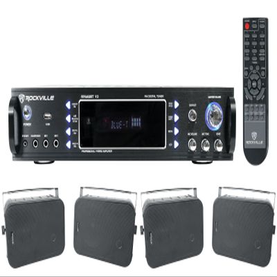 Rockville HP65S-8 Bundle: (4) 6.5" 8-Ohm Black Indoor/Outdoor Swivel Home Theater Speakers, RPA60BT V2 1000W 2-Channel Bluetooth USB DJ Karaoke Amplifier Mixer, 5-Items