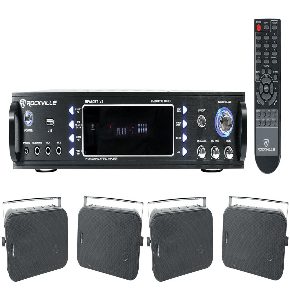 Rockville HP65S-8 Bundle: (4) 6.5" 8-Ohm Black Indoor/Outdoor Swivel Home Theater Speakers, RPA60BT V2 1000W 2-Channel Bluetooth USB DJ Karaoke Amplifier Mixer, 5-Items