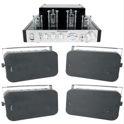 Rockville HP65S-8 Bundle: (4) 6.5-in 8-Ohm Black Indoor/Outdoor Swivel Home Theater Speakers, BluTube 70W Tube Amplifier Bluetooth Stereo Receiver, 5-Items
