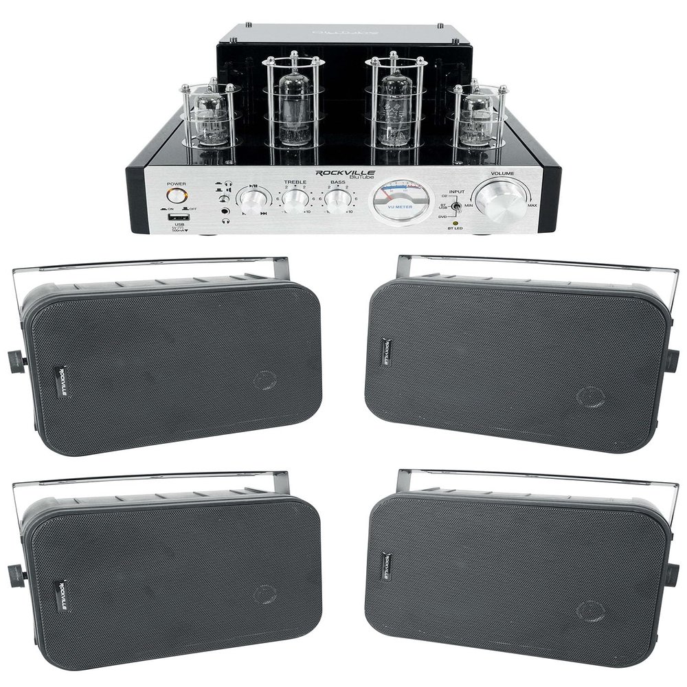 Rockville HP65S-8 Bundle: (4) 6.5-in 8-Ohm Black Indoor/Outdoor Swivel Home Theater Speakers, BluTube 70W Tube Amplifier Bluetooth Stereo Receiver, 5-Items
