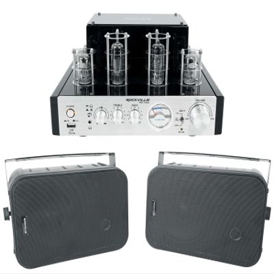 Rockville BluTube Bundle: 70-Watt Tube Amplifier Home Theater Stereo Receiver with Bluetooth, Pair of HP65S-8 Black 6.5-in Indoor/Outdoor Swivel Speakers 8-Ohm, 2-Items