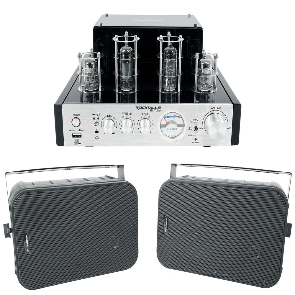 Rockville BluTube Bundle: 70-Watt Tube Amplifier Home Theater Stereo Receiver with Bluetooth, Pair of HP65S-8 Black 6.5-in Indoor/Outdoor Swivel Speakers 8-Ohm, 2-Items