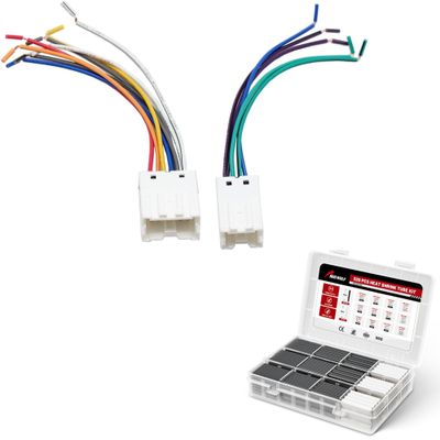RED WOLF Radio Wire Harness for Nissan 1995-2008, Infiniti 1990-2008 Stereo Plug Connector Non Bose System w/320 PCS Heat Shrink Wrap 3:1 Ratio Adhesive Lined Insulation Waterproof Black & White