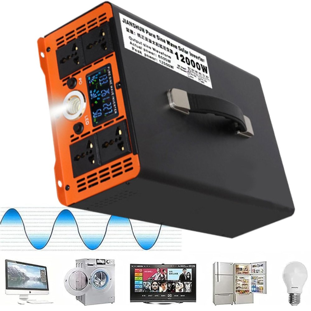 10000/12000w Power Inverter Modified Pure Sine Wave,Dc 24/48/60/72/96v to Ac,Power Supply Voltage Converter-Lcd Display+Lighting+Handle,for Rv Truck Car Camping,12000w48Vto220V