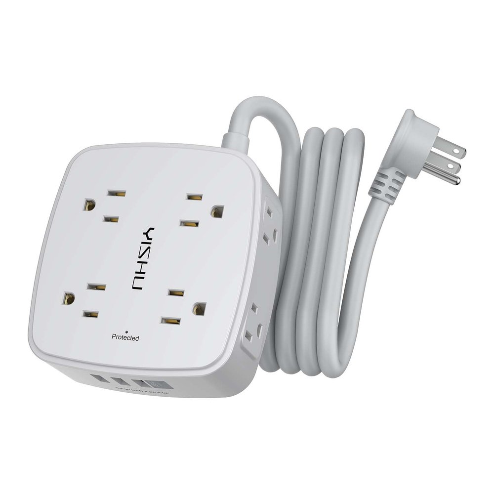 6 Ft Surge Protector Power Strip - 8 Widely Outlets with 4 USB Ports, 3 Side Outlet Extender with 6 Feet Extension Cord, Flat Plug, Wall Mount, Desk USB Charging Station, ETL, Grey