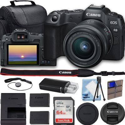 Canon EOS R8 Mirrorless Camera 4K Video Recording Mirrorless Camera with RF 24-50mm f/4.5-6.3 IS STM Lens + 64GB Fast Memory + Deluxe Accessory Bundle (Renewed)