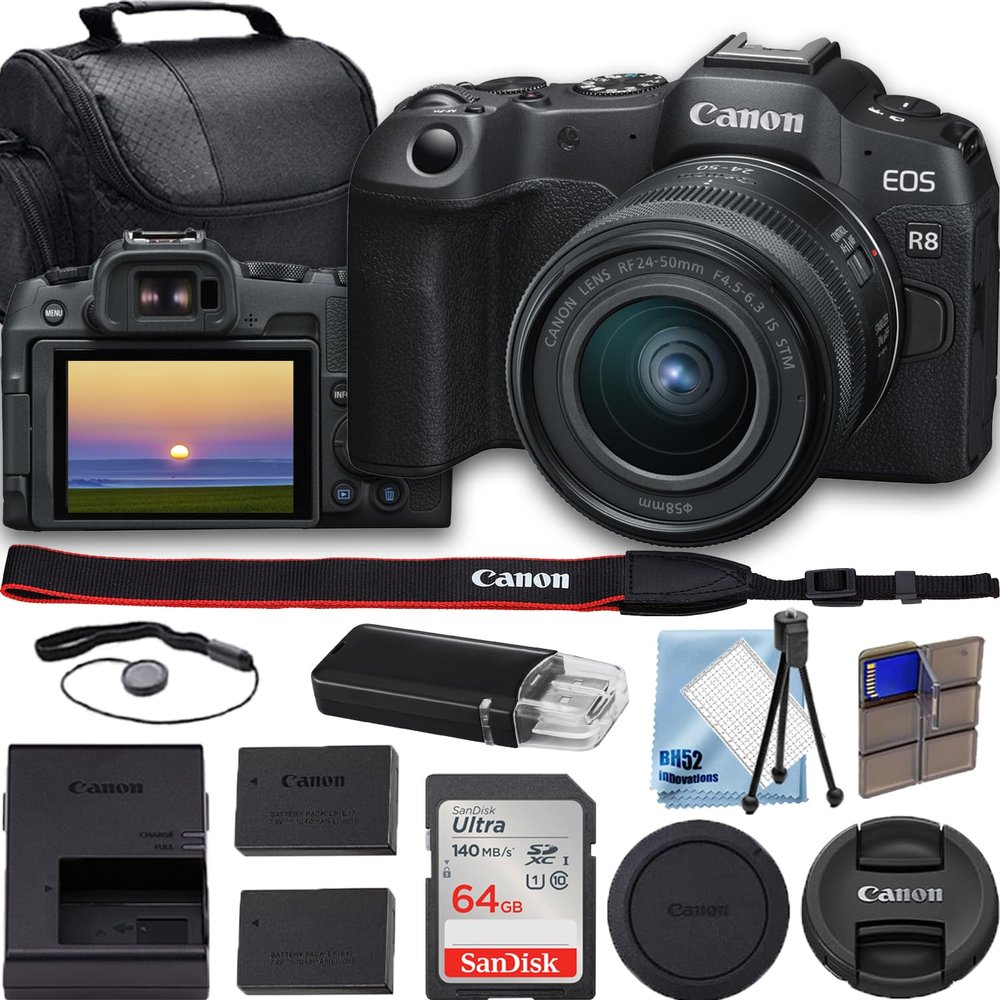 Canon EOS R8 Mirrorless Camera 4K Video Recording Mirrorless Camera with RF 24-50mm f/4.5-6.3 IS STM Lens + 64GB Fast Memory + Deluxe Accessory Bundle (Renewed)