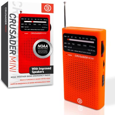 72 HRS (Upgraded) 72HRS CRUSADER MINI NOAA/AM/FM Emergency Weather Radio, Powered by 2AA Battery(Not Included), Premium Designer Radio with Finest Tuning Knob and Speaker (Red)