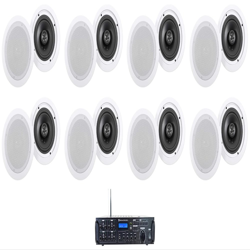 Rockville Bundle: (1) Rock Zone 8-Channel 1000W RMS Multi Room Receiver/Amplifier Bundle with (8) Pair HC655 White COMM 6.5" 500 Watt in-Ceiling Home Theater Speakers 8 Ohm (9 Items)