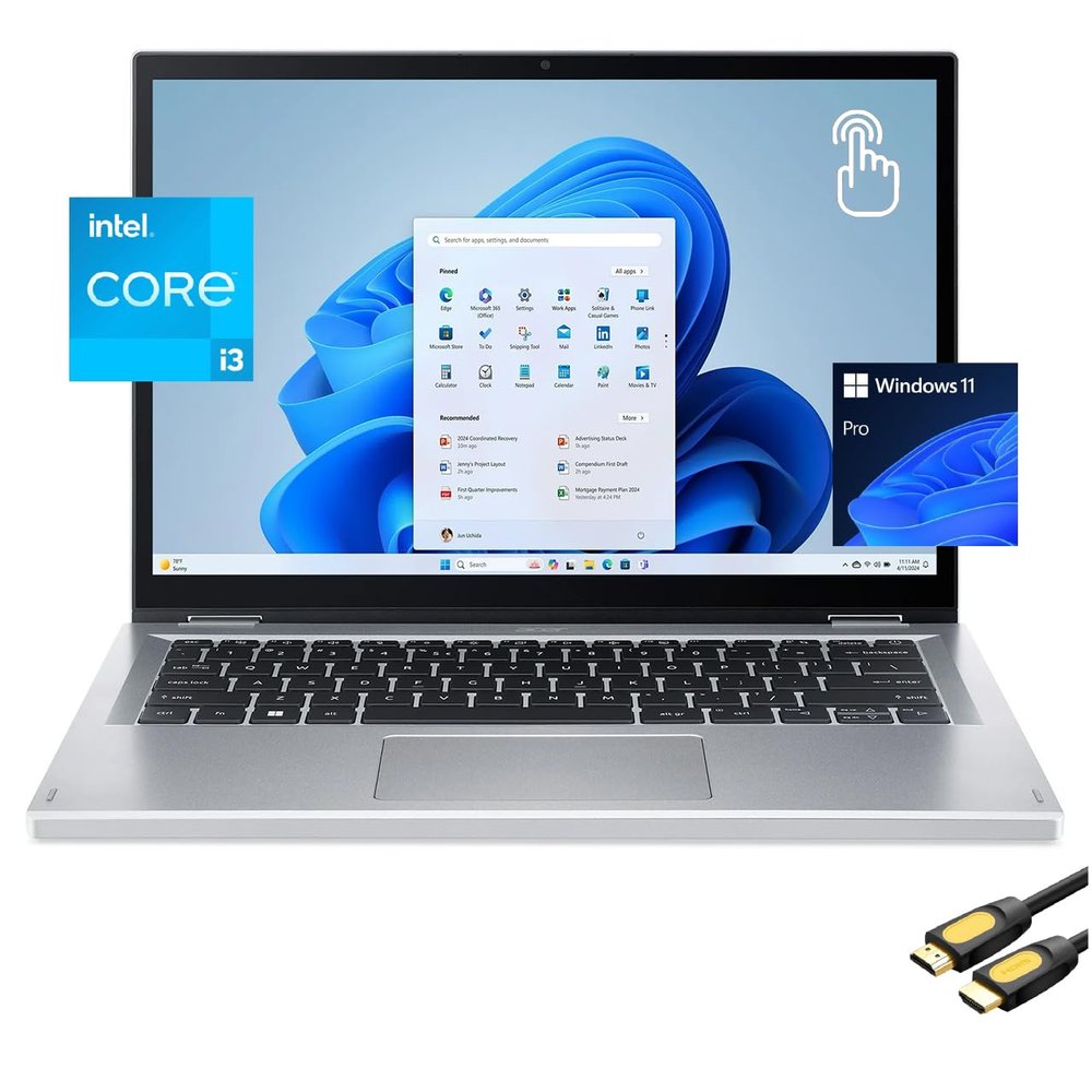 acer Aspire 3 Spin 2-in-1 Laptop, 14" 1920 x 1200 WUXGA IPS Touchscreen Display, i3-N305 (Up to 3.8GHz), 8GB RAM, 512GB NVMe SSD, Webcam, USB-C, BT, WiFi 6, HDMI, SPS HDMI, Win 11 Pro, Pure Silver