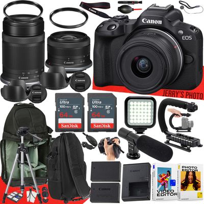 Canon EOS R50 Mirrorless Camera with RF-S 18-45mm f/4.5-6.3 IS STM and RF-S 55-210mm f/5-7.1 IS STM Lens + 128 GB Memory + Video LED Light + Mic + More (32pc Bundle) (Renewed)