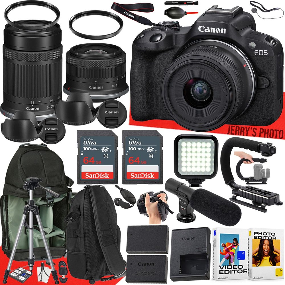 Canon EOS R50 Mirrorless Camera with RF-S 18-45mm f/4.5-6.3 IS STM and RF-S 55-210mm f/5-7.1 IS STM Lens + 128 GB Memory + Video LED Light + Mic + More (32pc Bundle) (Renewed)