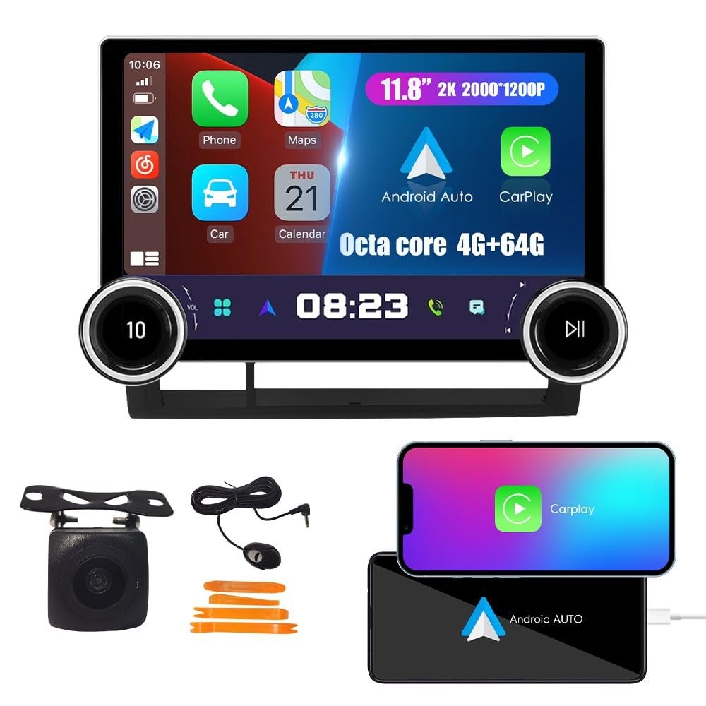 Display Knobs CarPlay/Android Auto Autoradio Android FM Radio Car Navigation Stereo Pad Player GPS 11.8" QLED Touch Screen BT WiFi 2 Din Headunit Tablet for Toyota Tacoma 2005-2015 Octa Core 4G+64G