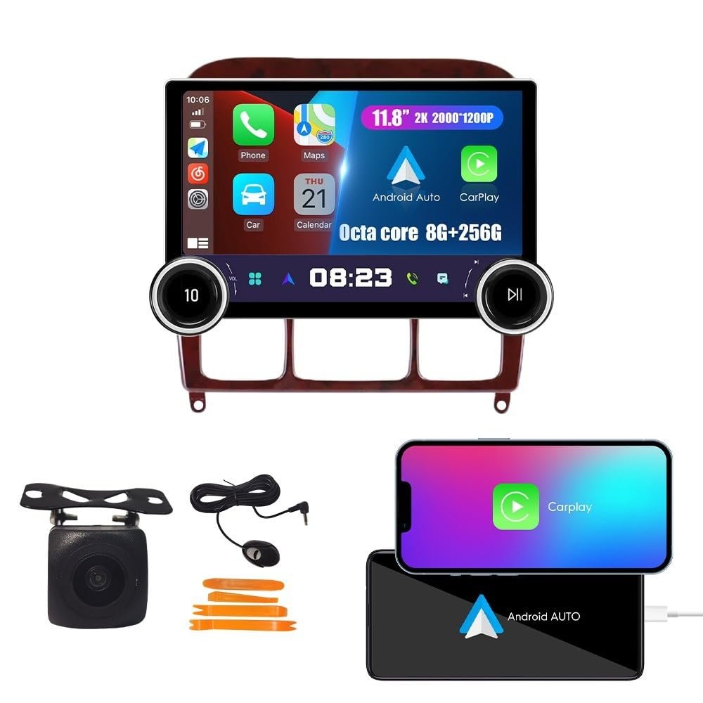 Display Knobs CarPlay/Android Auto Autoradio Android AM/FM Radio Car Navigation Stereo Player GPS 11.8" QLED Touch Screen BT WiFi 2 Din Headunit Tablet for Benz S Class 1998-2005 Octa Core 8G+256G