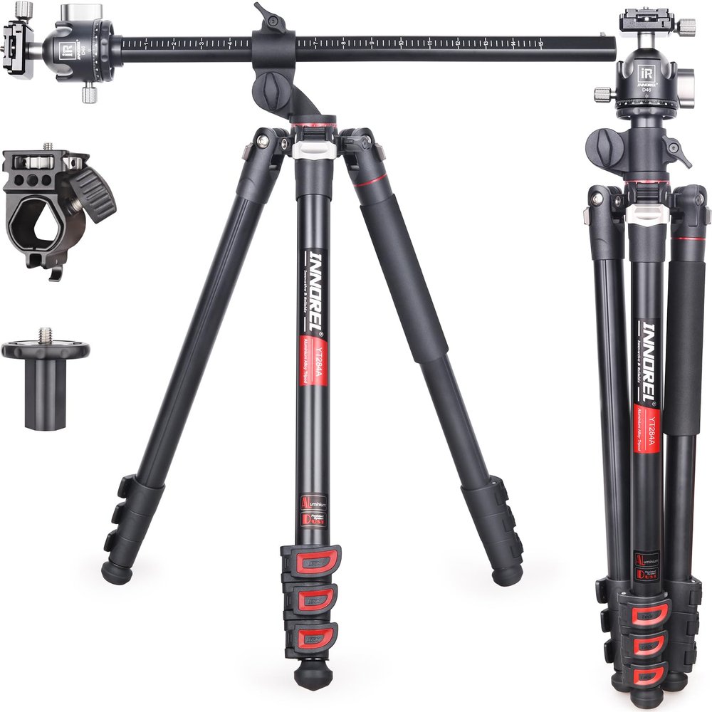 Aluminum Horizontal Tripod INNOREL YT284A, Rotatable Multi-Angle Center Column and 46mm Low Gravity Ballhead Professional Camera Tripod Monopod for DSLR Video Camcorder Overhead Shooting Load 20kg