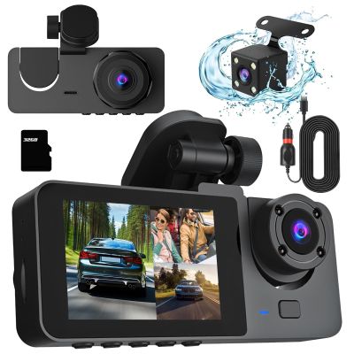3 Channel Dash Cam Front and Rear Inside,1080P HD Car DVR Dash Camera Video Recorder,Built-in 32G MMC Card,170 Wide Angle,IR Night Vision, Loop Recording, G-Sensor Motion Detection, 24H Parking Mode