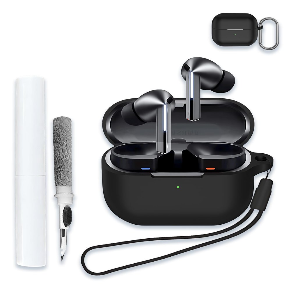 Case for Samsung Galaxy Buds 3/Buds 3 Pro AI True Wireless Bluetooth Earbuds, Soft Silicone Protective Portable Scratch Shock Resistant Shell with Cleaner Kit & Carabiner & LanyardBlack