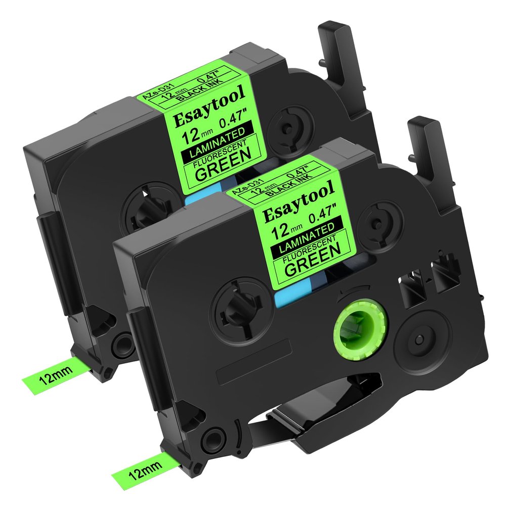 2 Pack Esaytool Replacement for P-Touch TZe-D31 TZeD31 TZD31 Black on Green Fluorescent Laminated Label Tape 12mm 0.47 inch x 16.4 feet for PTH110 PTD210 PTD600 PT-P710BT PTD400AD PT-D450