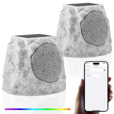 GGII 2-Pack Rock Speakers Outdoor Water-Resistant IP44 Solar-Powered Rock Speaker with RGB Light and TWS Pair for Patio Garden Party Pool Deck Yard Outside