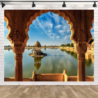 CORFOTO 7x5ft Indian Temple Backdrop Fabric Old Indian Temple Background for Photography Jaisalmer Temple Arches Lake Landscape Backdrop Indian Landmark Religious Travel Portrait Photo Booth