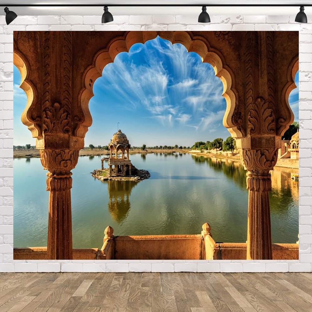 CORFOTO 7x5ft Indian Temple Backdrop Fabric Old Indian Temple Background for Photography Jaisalmer Temple Arches Lake Landscape Backdrop Indian Landmark Religious Travel Portrait Photo Booth