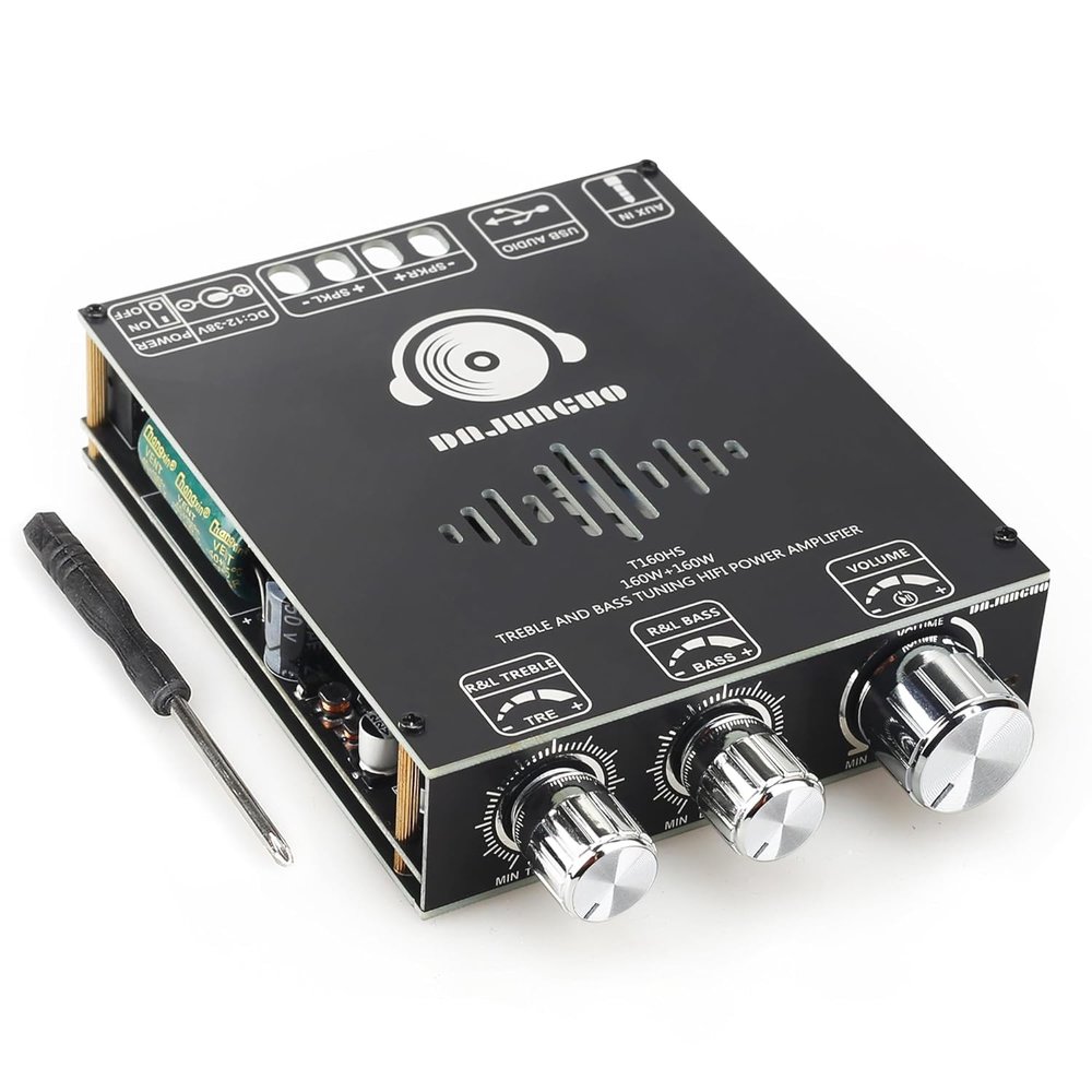 AUGUESLD T160HS 160W+160W Amplifier Board with Treble and Bass Control,2.0 Channel Stereo AMP Board,Bluetooth/AUX/USB Input DC 12-36V, T160HS(160W+160W)