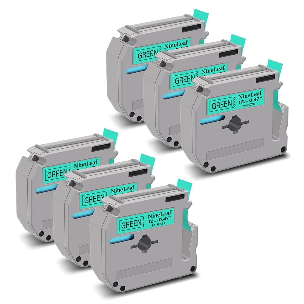 NineLeaf 6 Pack Compatible for Brother P-Touch M Tape M-K731 M-K731S MK731 M731 12mm 0.47'' Black on Green Label Tape for PT-70 PT-65 PT-45M PT-55 PT-55BM Label Maker