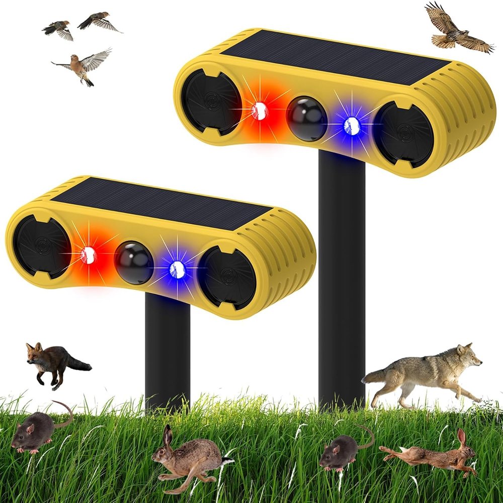 AMZSTAR Solar Motion Sensor Alarm - 13 Sounds, 129db Dual Speaker Loud Alarm + Red & Blue LED Blinking Warning for Yard Farm Garden Orchard Barn (2 Pack)