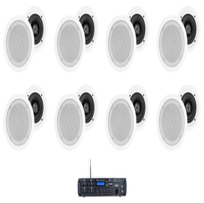 Rockville Bundle: (1) Rockville Rock Zone 8-Channel 1000W RMS Multi Room Receiver/Amplifier Bundle with (4) Pair Rockville HC55 White in-Ceiling Home Theater Speakers 8 Ohm (5 Items)