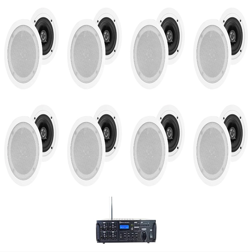 Rockville Bundle: (1) Rockville Rock Zone 8-Channel 1000W RMS Multi Room Receiver/Amplifier Bundle with (4) Pair Rockville HC55 White in-Ceiling Home Theater Speakers 8 Ohm (5 Items)