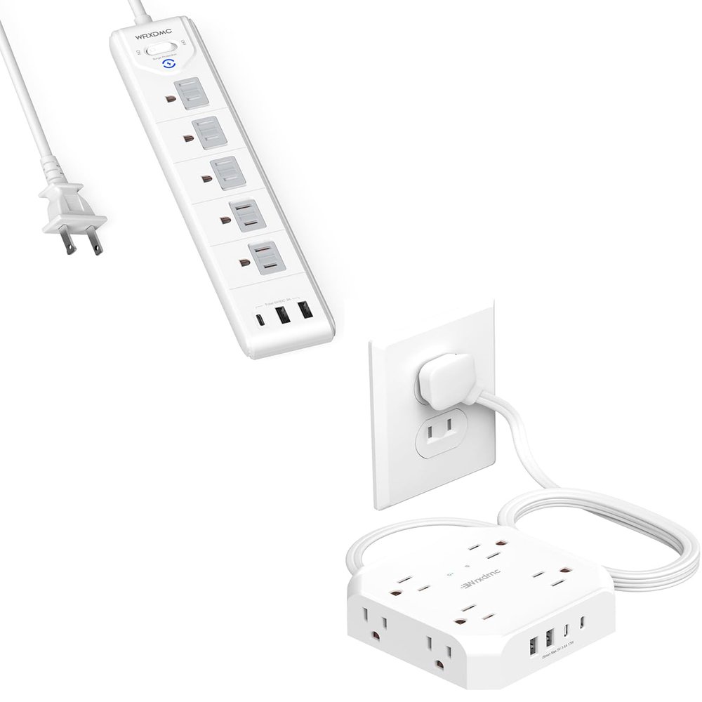 2 Prong Power Strip, WRXDMC 2 Prong to 3 Prong Outlet Adapter, 5ft Extension Cord with Polarized Plug, 1680J Surge Protector, 5 AC Outlets & 3 USB, Wall Mountable, Ideal for Non-Grounded Outlets