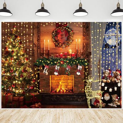 10x6.5ft Christmas Fireplace Backdrop Glitter Xmas Tree Photography Background Stockings Gifts Christmas Wreath Banner Decorations New Year Xmas Party Photo Booth Props