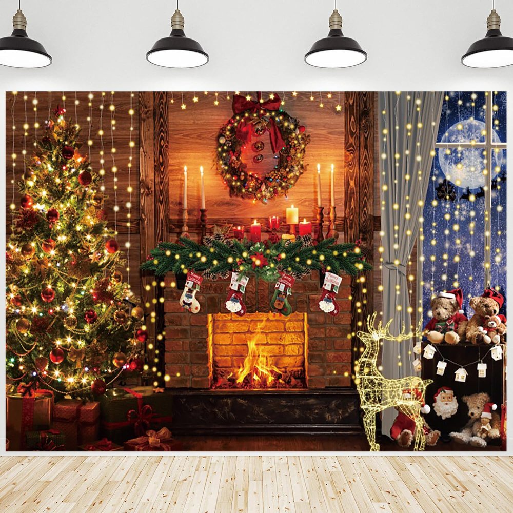 10x6.5ft Christmas Fireplace Backdrop Glitter Xmas Tree Photography Background Stockings Gifts Christmas Wreath Banner Decorations New Year Xmas Party Photo Booth Props