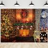 10x6.5ft Christmas Fireplace Backdrop Glitter Xmas Tree Photography Background Stockings Gifts Christmas Wreath Banner Decorations New Year Xmas Party Photo Booth Props view 1