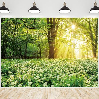 10x6.5ft Spring Natural Scenery Backdrop Forest Park Garden Flowers Photography Background White Floral Dandelion Sunshine Landscape Decorations Wedding Birthday Party Banner Photo Booth Props