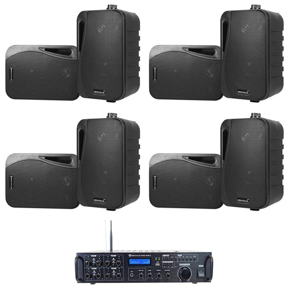 Rockville Bundle Rock Zone 8 8-Channel 1000W RMS Multi Room Receiver/Amplifier Bundle with (8) HP4S-8 BK 4" Outdoor/Indoor Home Theater Speakers w/Swivel Bracket (9 Items)